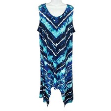Catherines Dress Sz 2X Tie Dye Print Sleeveless Handkerchief Hem Dress Blue