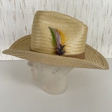 Vintage Straw Cowboy Hat Feather Accent Burlap Band NOS Medium