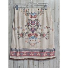 Wrangler Beige Floral Western Boho Pom Pom Fringe Skirt Size Large