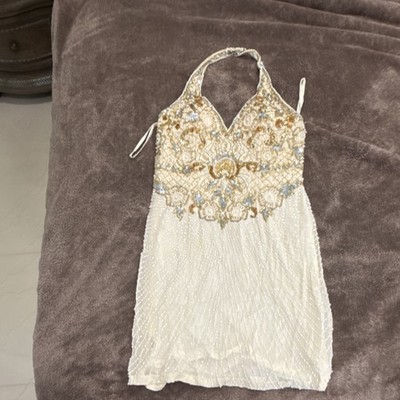 White Gold Beaded Halter Short A-Line Chiffon Party Dress Sleeveless Women