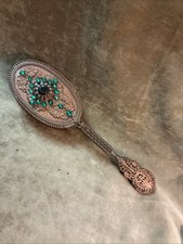 1920s Brass Filigree Czechoslovakia bejeweled metal woman  s hairbrush As Is