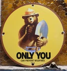 VINTAGE SMOKEY BEAR PORCELAIN SIGN OLD 1954 FOREST SERVICE PREVENT WILDFIRES 12"