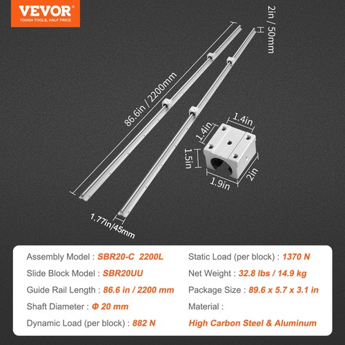 VEVOR 2PCS SBR20 2200mm Linear Guide Rail Slide Rail 4 PCS SBR20UU ...