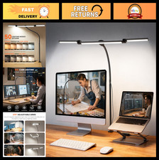 Adjustable LED Desk Lamp with Clamp, Eye-Caring Stepless Dimming, 3-Head Task Li