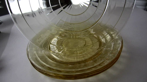 4 Vintage Anchor Hocking Block Optic Yellow Depression Glass 9" Dinner Plates