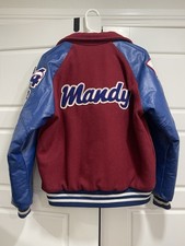 Women  s High School Letterman Varsity Jacket Class of 2004 Blue Red Band  Mandy  