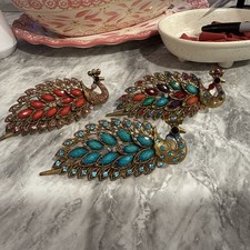 3 LG Rhinestone Peacock Hair Clips Art Deco Statement Alligator Beak Lot
