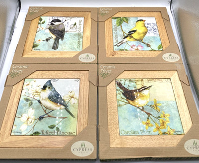 Jane Maday Cyprus Ceramic Tile Bird Trivets with Wooden trim 8''x8''