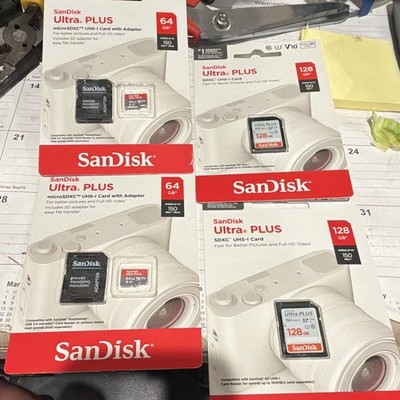 SanDisk Ultra PLUS 128GB SDXC UHS-I U1 Full HD High Speed Card w/ Adapter 4 lot