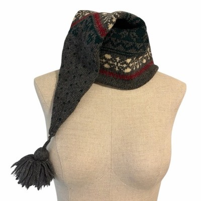 Eddie Bauer Fair Isle 100% Wool Gray Knit Hat w Tassel Ski Snow Winter Vintage