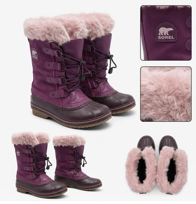Youth Girls Sorel Snow Boots, Purple and Pink, Faux Fur Cold Weather Duck Boots.