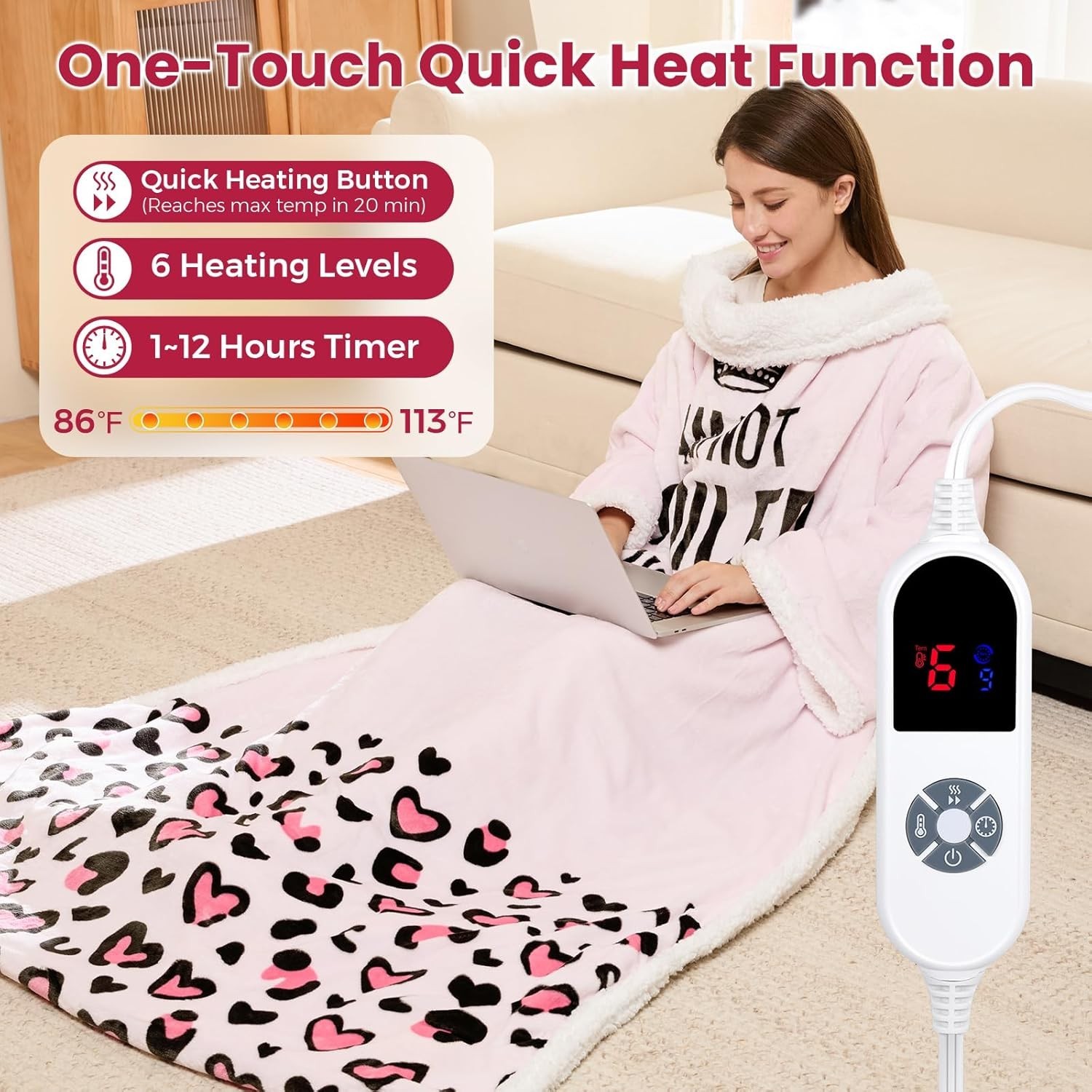 Wearable Heated Blanket with Sleeves Foot Pocket Electric Throw for Women Gift