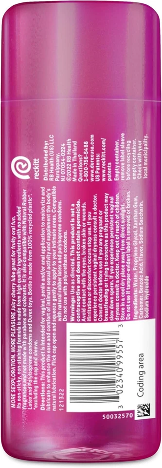 Lubricante a base de agua Durex para sexo, lubricante con sabor a cereza lubricante sexual 3,38 fl oz Foto 2 de 4