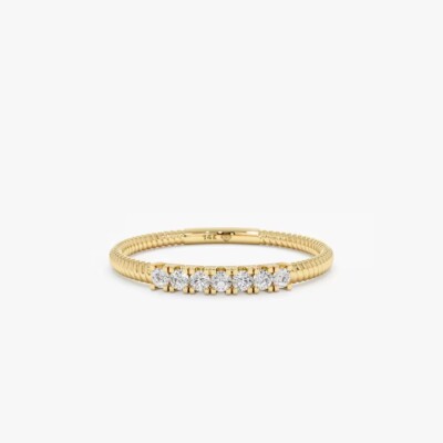 14k Solid Gold Diamond Bar Wedding Ring / Textured Engagement Rope Band for her