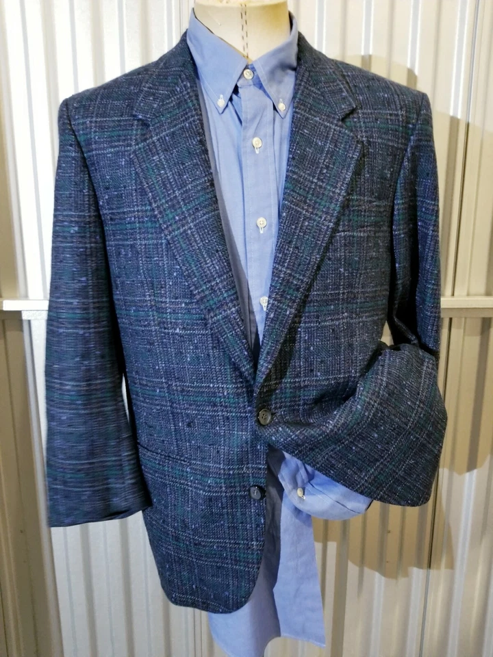 Chaqueta Abrigo Deportivo 38S Vintage Hecha en FRANCIA Azul Verde Mancha a Cuadros Lana Tweed Foto 2 de 4