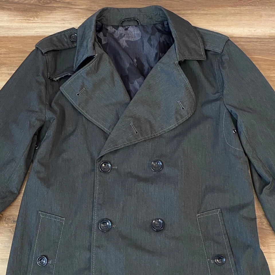 Zara Trench Coat Mens Small Gray Performance Water Proof Epaulettes 8 Button - Image 2 of 4