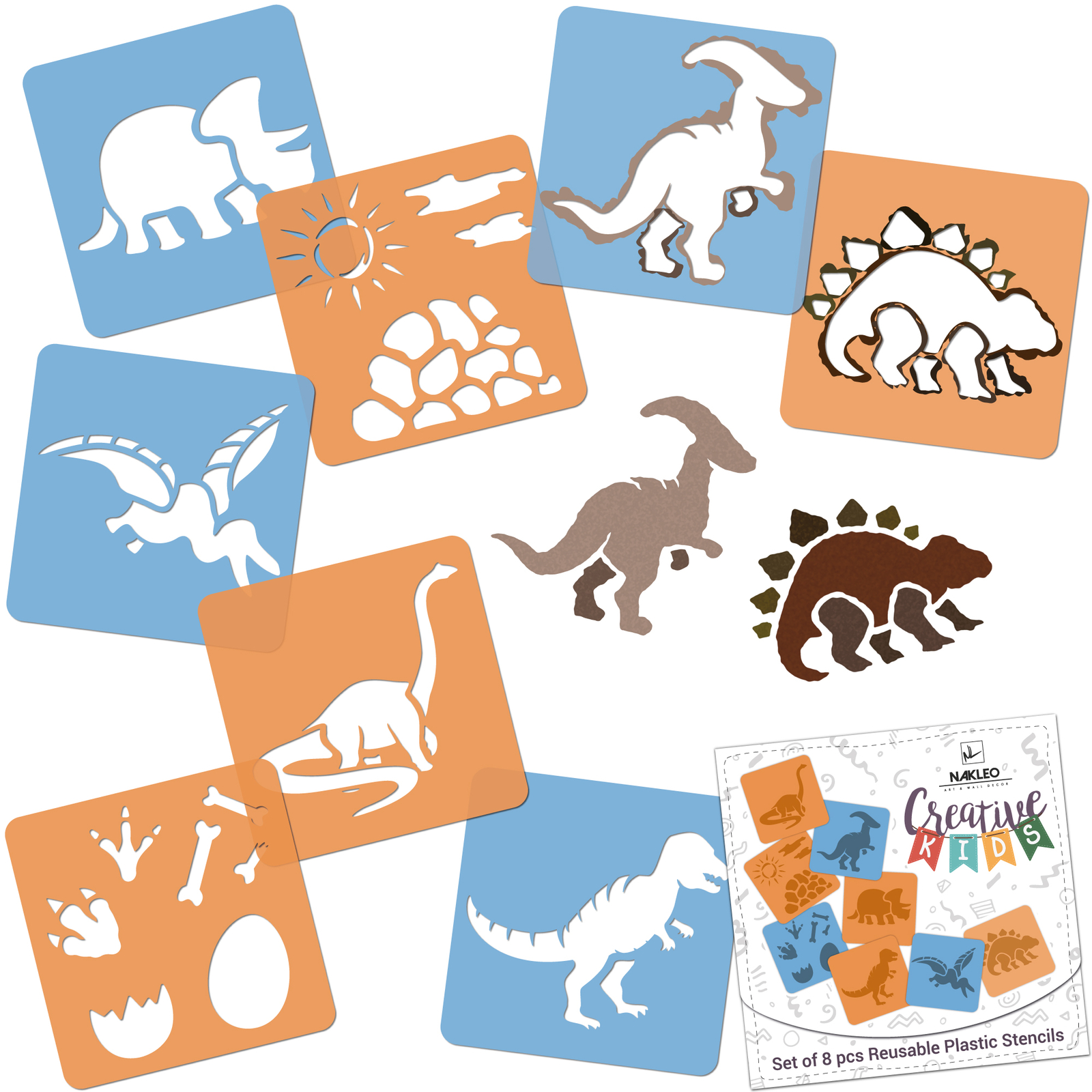 8 pezzi Stencil da disegno per bambini / 15x15cm / DINOSAURI / Pittura