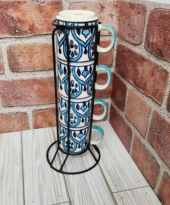 Set 4 Stacking Espresso Mugs & Rack 6 oz Aqua Blue 
