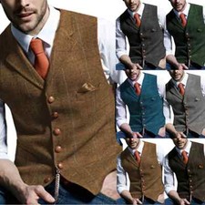 Casual Men Army Green Vest Plaid Soft Wool Jacket Tweed Business Waistcoat Vest
