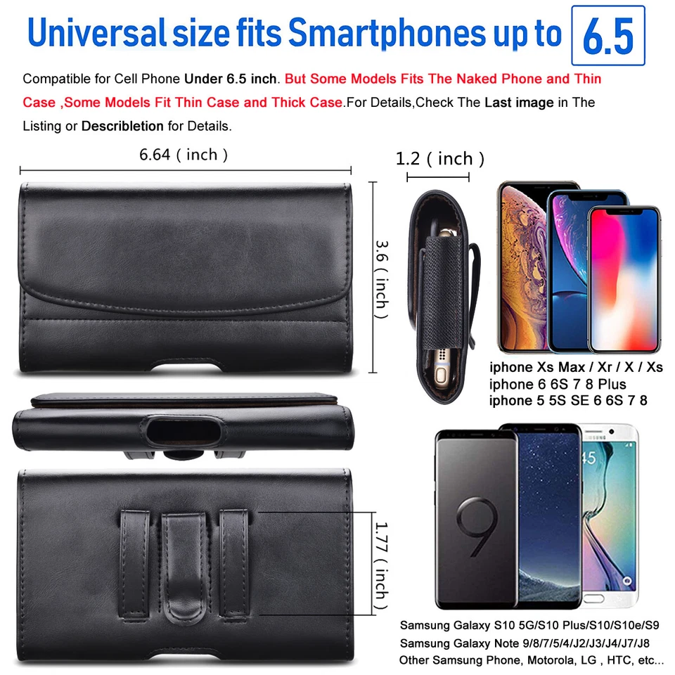 Horizontal Leather Cell Phone Pouch Holster Holder with Belt Clip Cover Case - Image 2 of 4