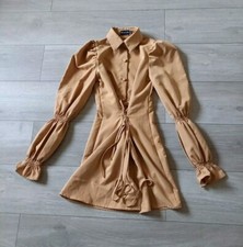 PrettyLittleThing Tan Lace Up Front Shirt Dress Utility Long Mutton Sleeves UK6