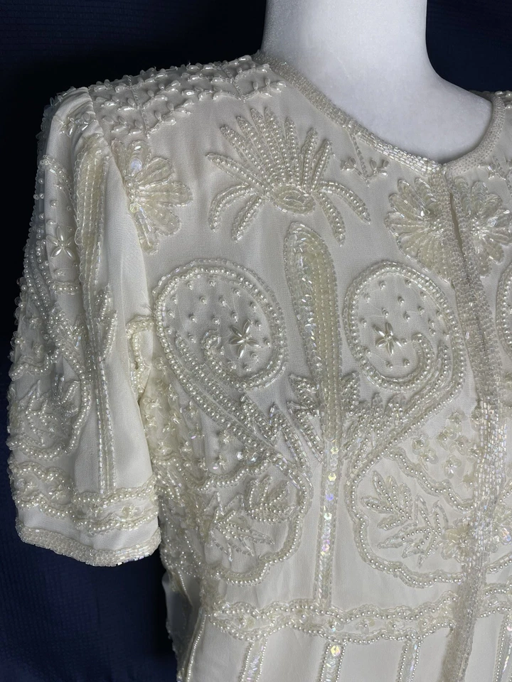 Chaqueta Laurence Kazar De Colección Seda Años 80 90 Cuentas S Marfil Boda Lentejuelas Foto 3 de 4