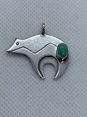   Native American Navajo Signed MAC Bear Pendant, Sterling Silver & Turquoise