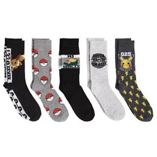 Pokemon Mens 5 Pack Crew Casual Sock Assorted Grey 10-13 US