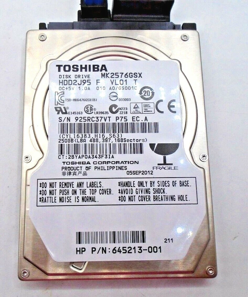TOSHIBA Internal Hard Drive 250GB, 5400RPM, 2.5", 245213-001, MK2576GSX HDD2J95 - Image 2 of 4