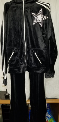 VTG Fashion Bug Velour Track Suit Black W/White Double Stripe and Star Y2K