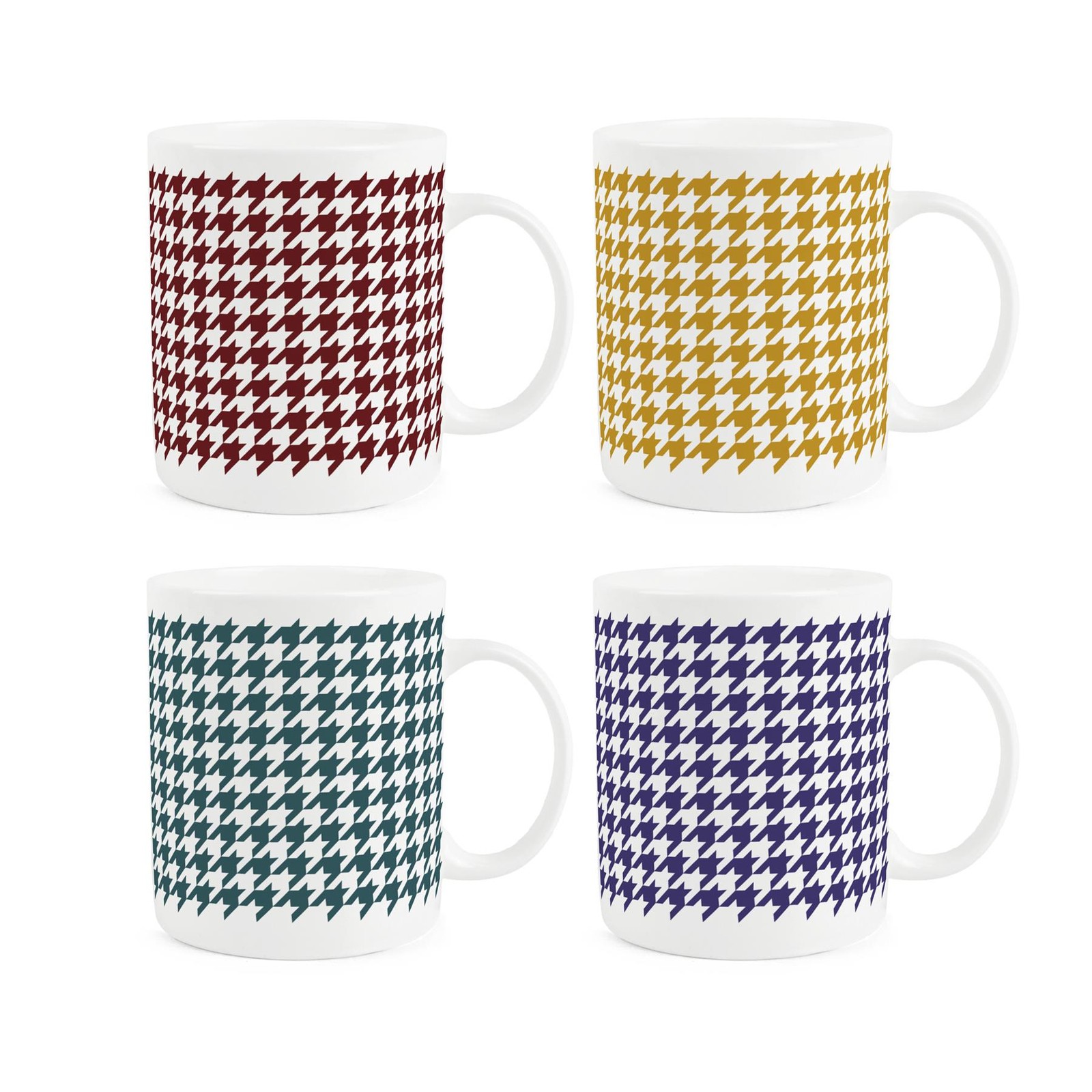 Houndstooth Print Bone China Mugs - Multicoloured Tea/Coffee Cups Gift, Set of 4