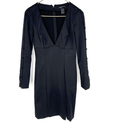 Moda International Y2K Black Mini Dress Long Sleeve Deep V Women s 0
