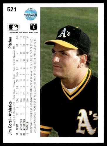 1990 Upper Deck Jim Corsi Oakland Athletics #521 - Picture 2 of 2