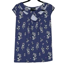 Attention Top 2X Shirt Navy Blue Floral Flower Sleeveless Round Neck Cutout