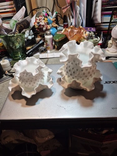 2 Fenton Milk Glass Hobnail Ruffled Edge Bowl and Underplate Set – Vintage White