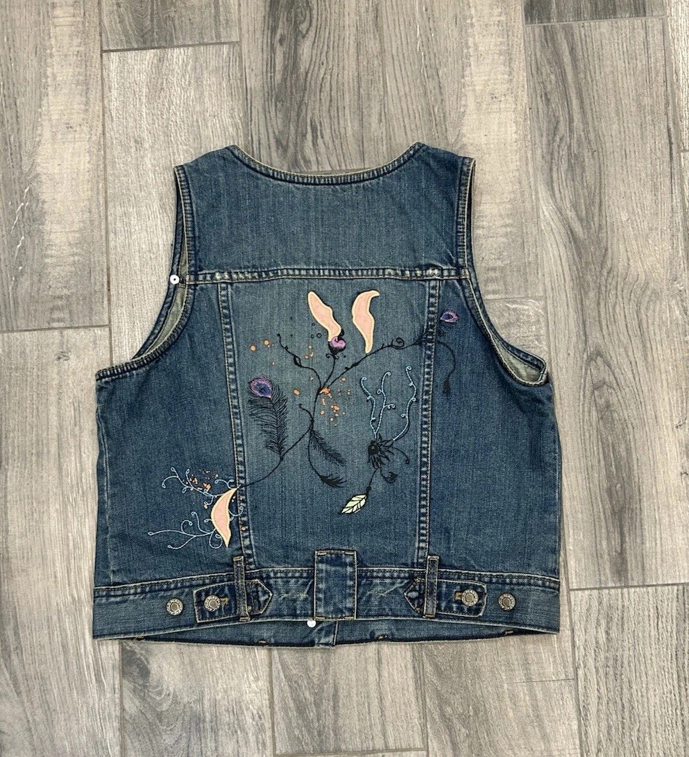 Vintage Style Old Navy Embroidered Denim Vest Boho Y2K Western Floral Large