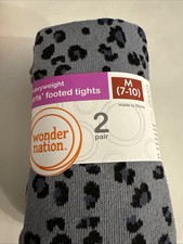 Wonder Nation Girls 2 Pair Heavyweight Footed Tights Black/Grey Leopard M 7-10 