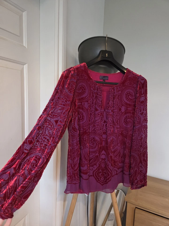 Top túnica Hale Bob LA Burn Out terciopelo floral rojo rosa mezcla seda grande boho lujo Foto 3 de 4