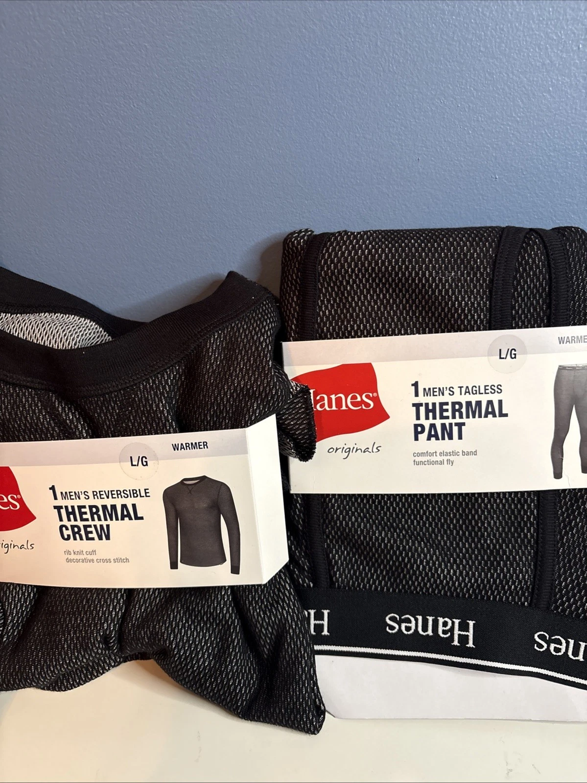 New Hanes Men’s Black Reversible Thermal Crew Top Long Sleeve Shirt & PANT SZ Lg