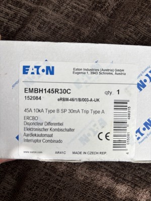 EATON 45 AMP CURVE B 10kA 30mA RCBO TYP A EMBH145R30C ERBM-45/1/B/003
