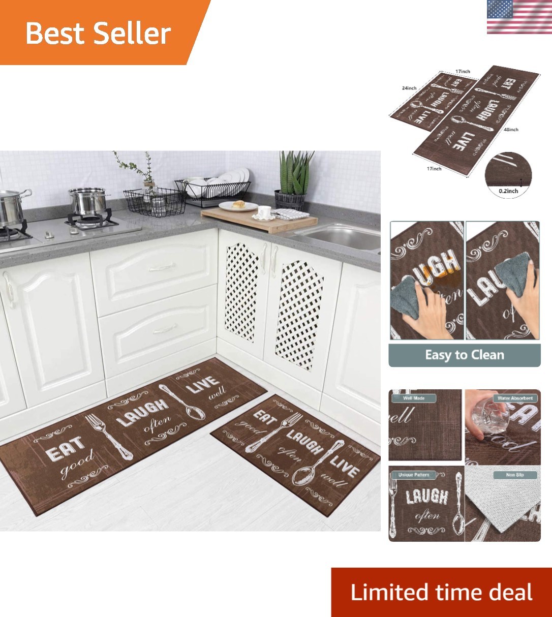 Non-Skid Waterproof Kitchen Rug Set - 2-Piece 17x48 & 24 Inch Mats  