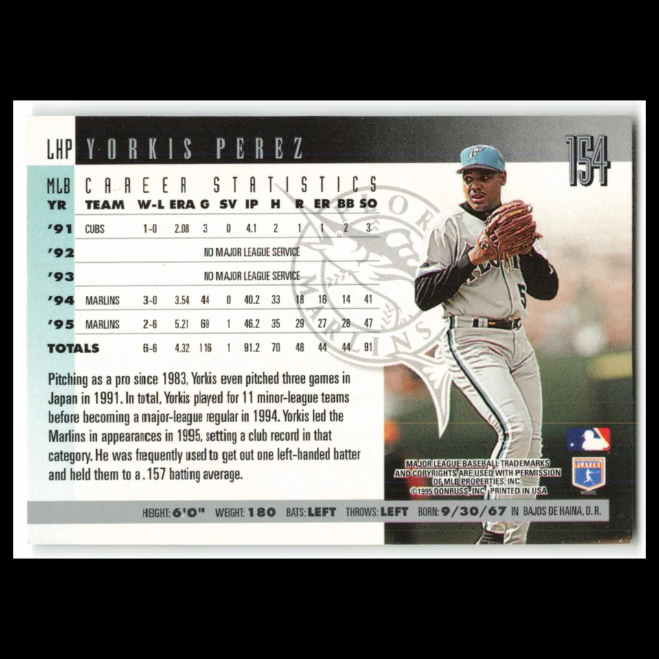 Yorkis Perez #154 1996 Donruss Florida Marlins Baseball Card MLB NM - Image 2 of 3