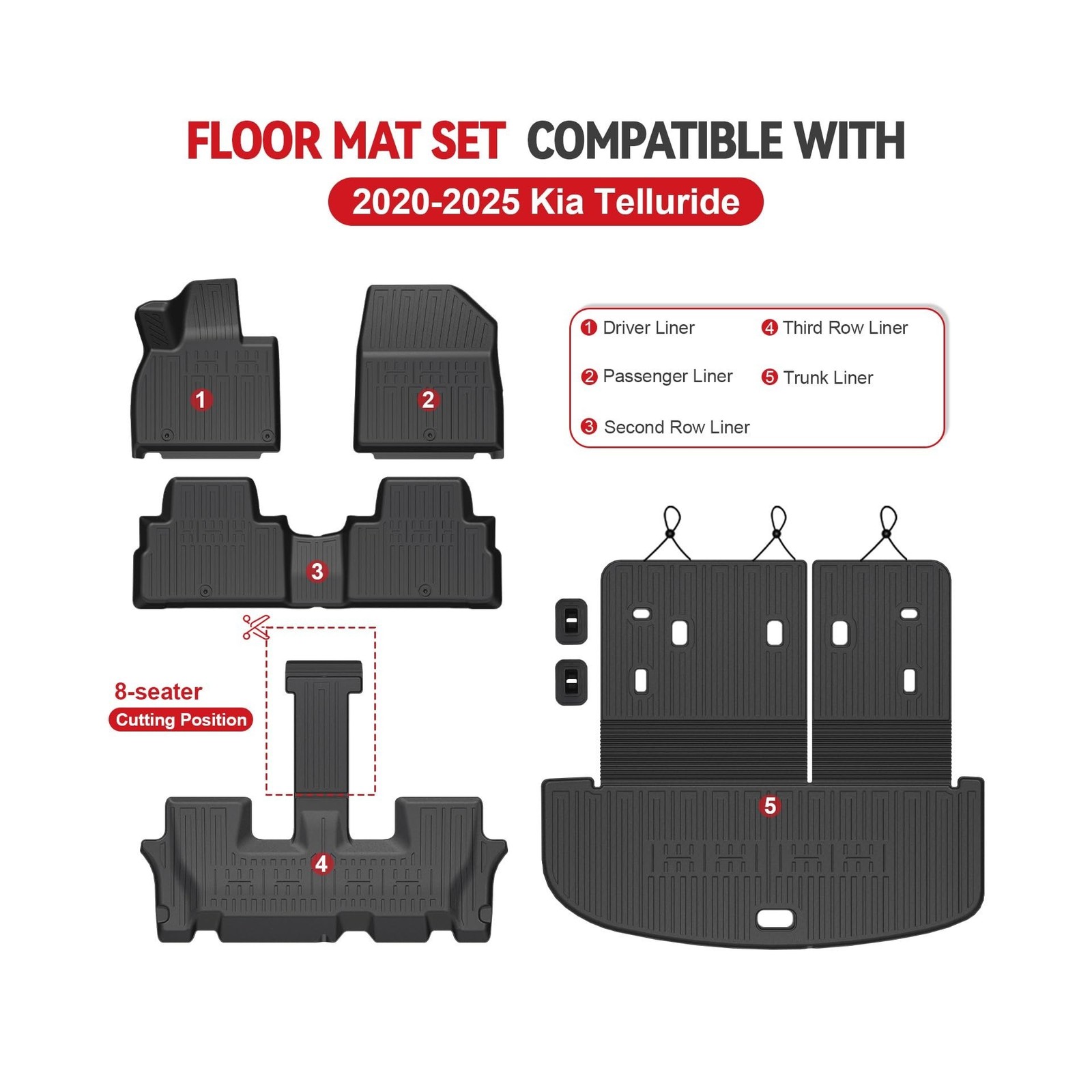 Floor Mats for Kia Telluride 2020-2025 7&8 Seats Cargo Mat with Backrest Mat,...