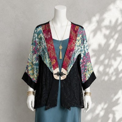 Vintage Tracy Collins Top XL Black Blue Floral Sheer Lace Kimono Boho Blouse