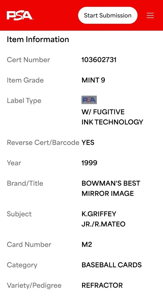 Bowmans Best Mirror Image Refractor 1999 Ken Griffey Jr/Mateo PSA 9 Mariners Foto 4 de 4
