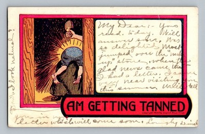 1905 Comic Postcard ''AM GETTING TANNED'' Spanking Humor Edwardian Era