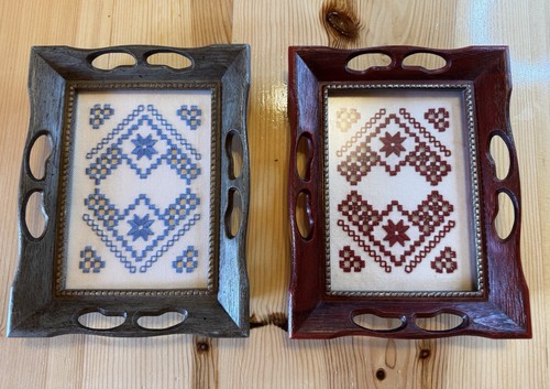 Vintage Scandinavian Hardanger Completed Framed Art Set Of Two