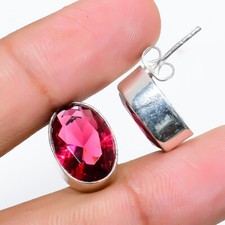 Pink Rubellite Gemstone 925 Sterling Silver Handmade Earring Jewelry Size 0.75"
