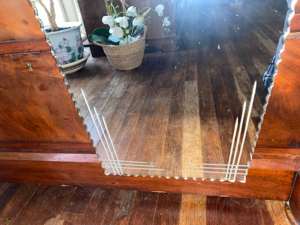 Large Vintage Frameless Art Deco Mirror Antique Venetian Scallop Edge 1920s - Image 3 of 4