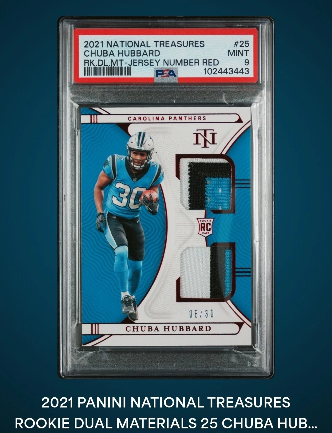 Chuba Hubbard Panini National Treasures Rookie Dual Materials #25 Jersey Number Red